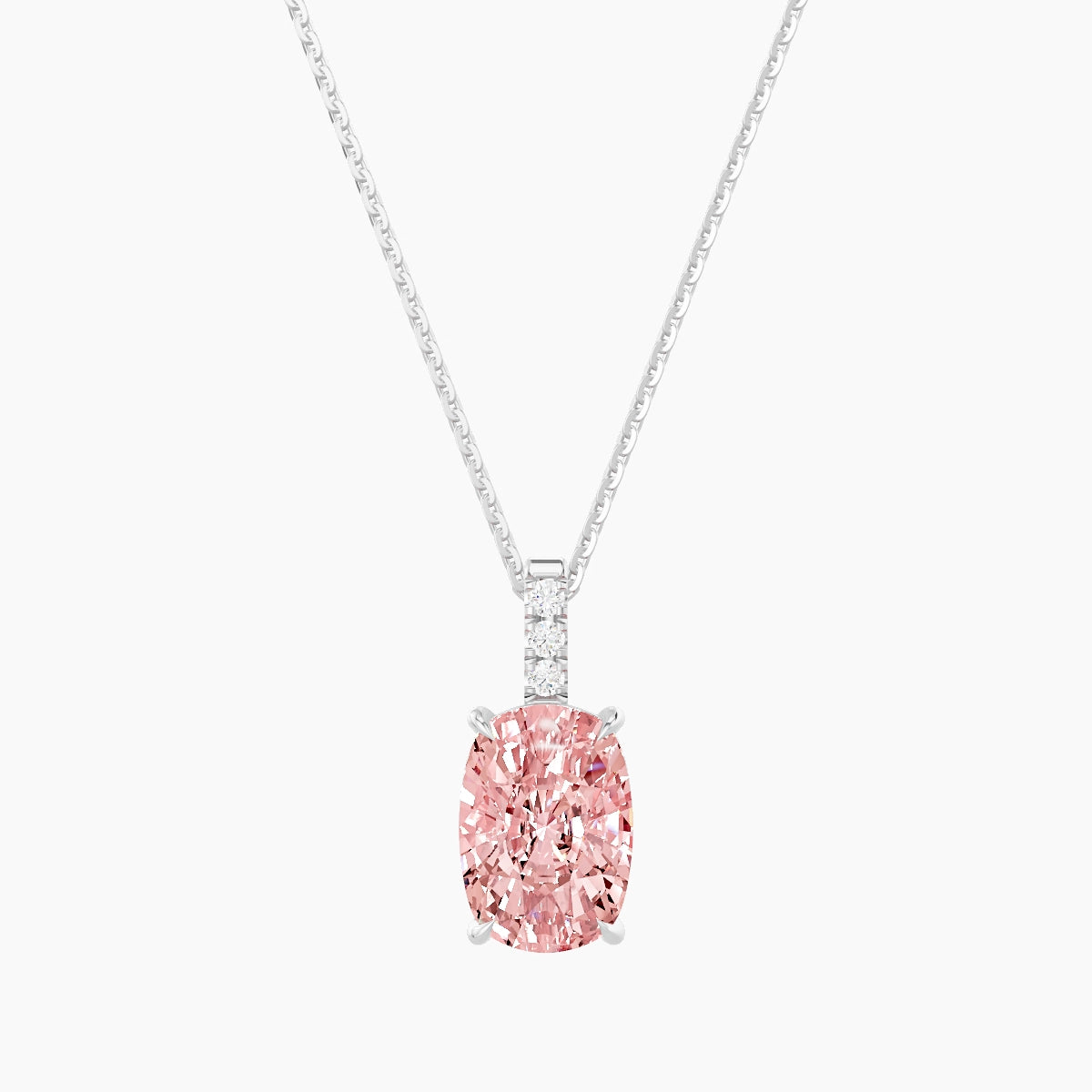 Paved Hanging Solitaire | 18k White Gold 3 ct Pink Lab Diamond Cushion Pendant