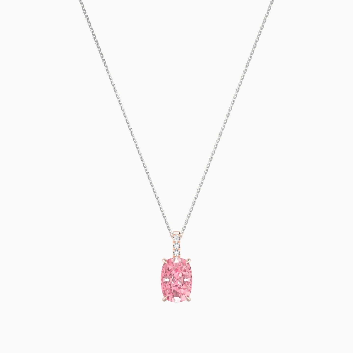 Paved Hanging Solitaire | 18k White & Rose Gold 3 ct Pink Lab Diamond Cushion Cut Pendant