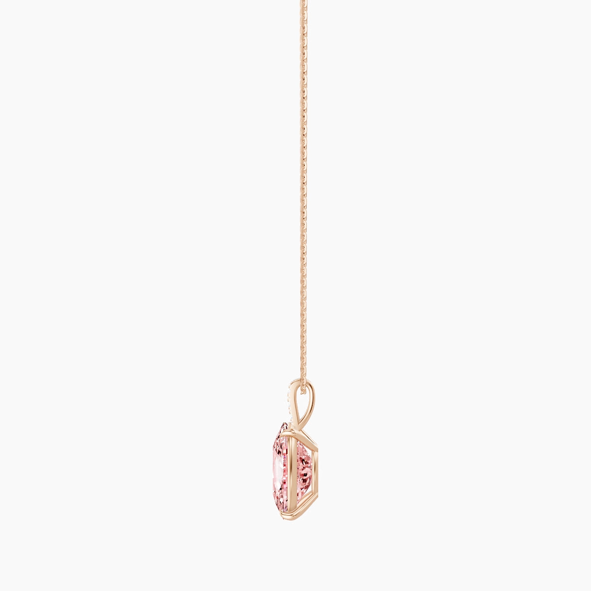 Paved Hanging Solitaire | 18k Rose Gold 5 ct Pink Lab Diamond Cushion Pendant