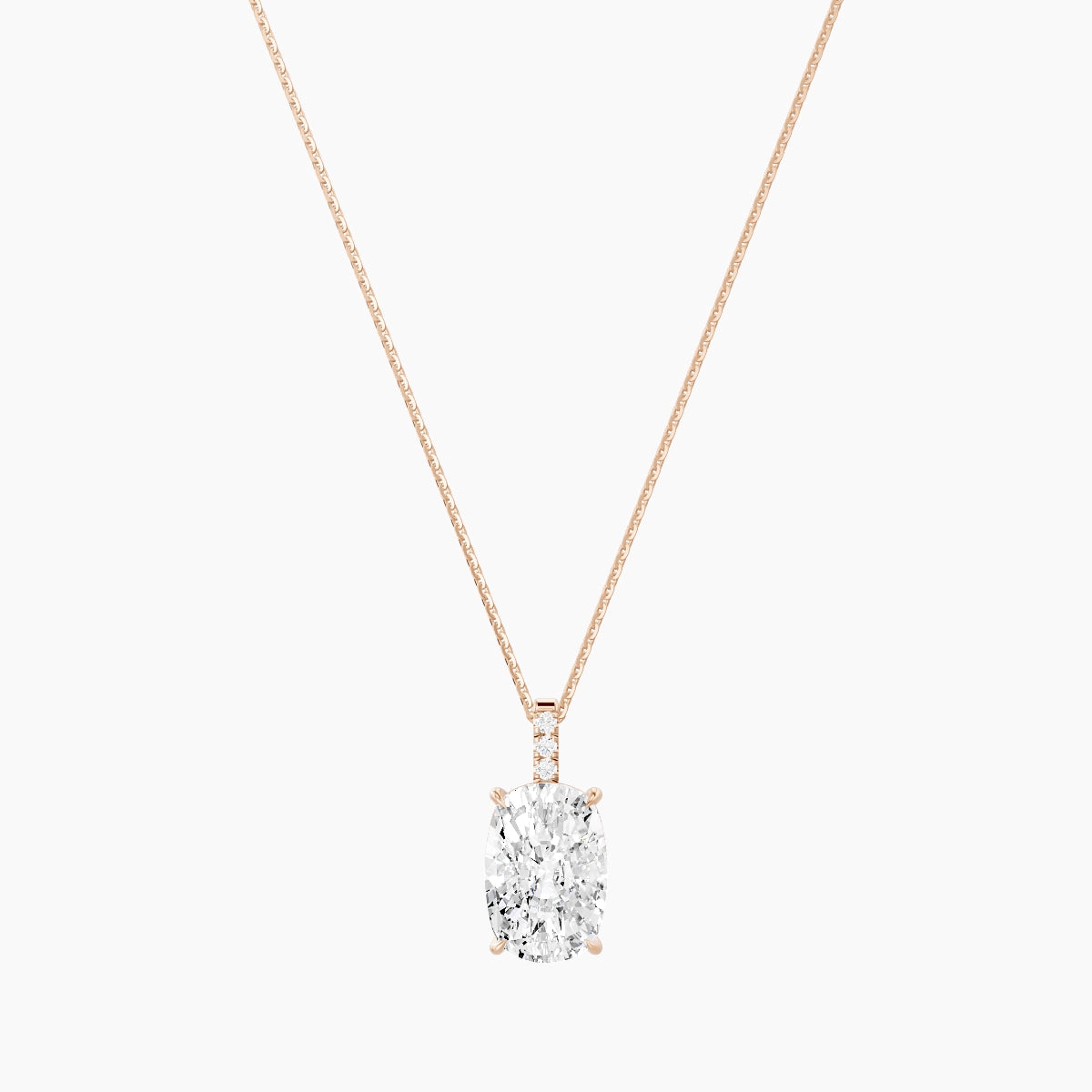 Paved Hanging Solitaire | 18k Rose Gold 5 ct White Lab Diamond Cushion Pendant