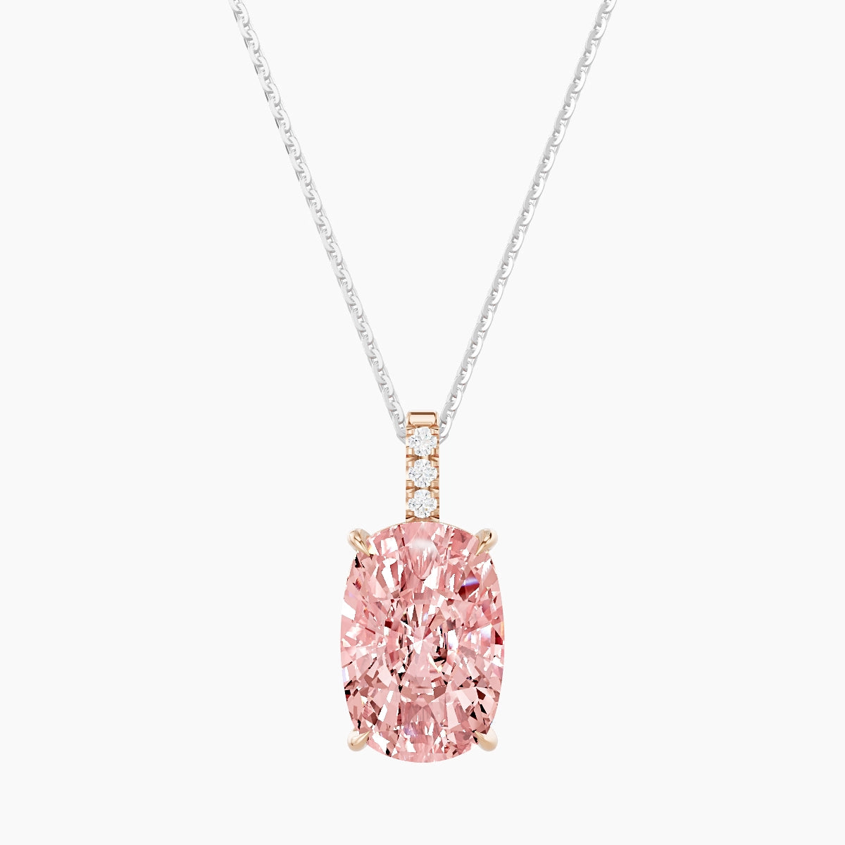 Paved Hanging Solitaire | 18k White & Rose Gold 5 ct Pink Lab Diamond Cushion Pendant