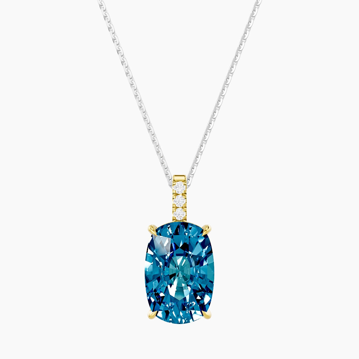 Paved Hanging Solitaire | 18k White & Yellow Gold 5 ct Blue Lab Diamond Cushion Pendant