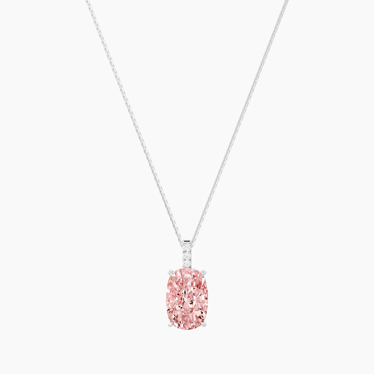 Paved Hanging Solitaire | 18k White Gold 5 ct Pink Lab Diamond Cushion Pendant