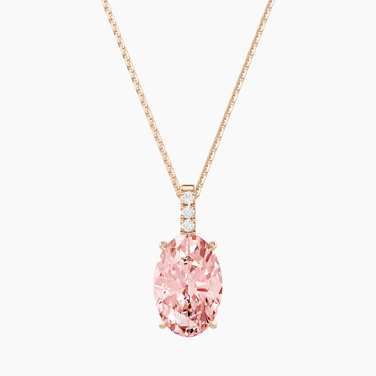 Paved Hanging Solitaire | 18k Rose Gold 3 ct Pink Lab Diamond Oval Pendant