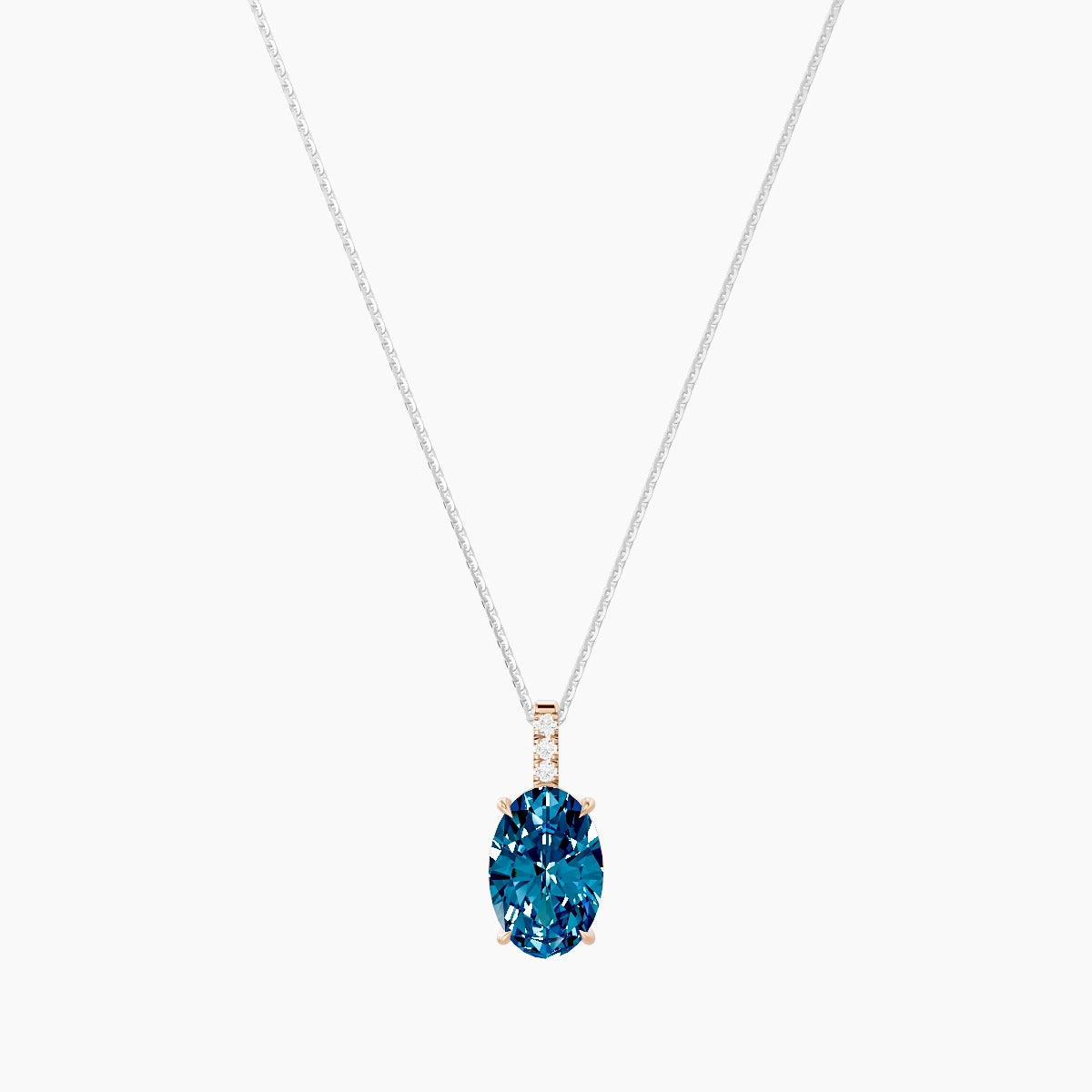 Paved Hanging Solitaire | 18k White & Rose Gold 3 ct Blue Lab Diamond Oval Pendant