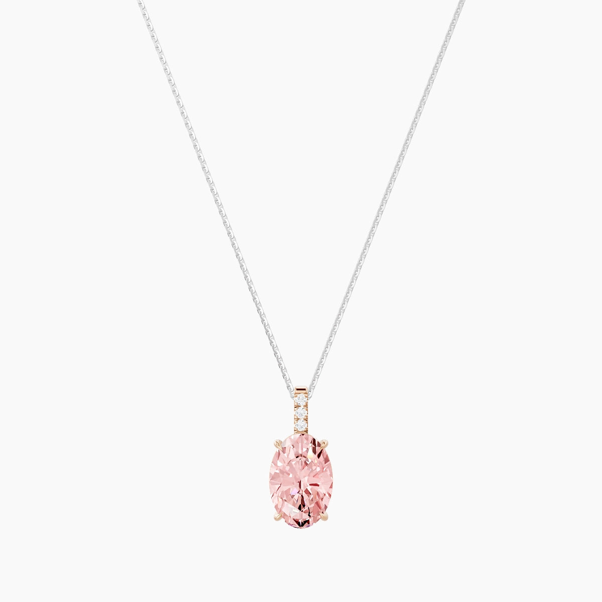 Paved Hanging Solitaire | 18k White & Rose Gold 3 ct Pink Lab Diamond Oval Pendant