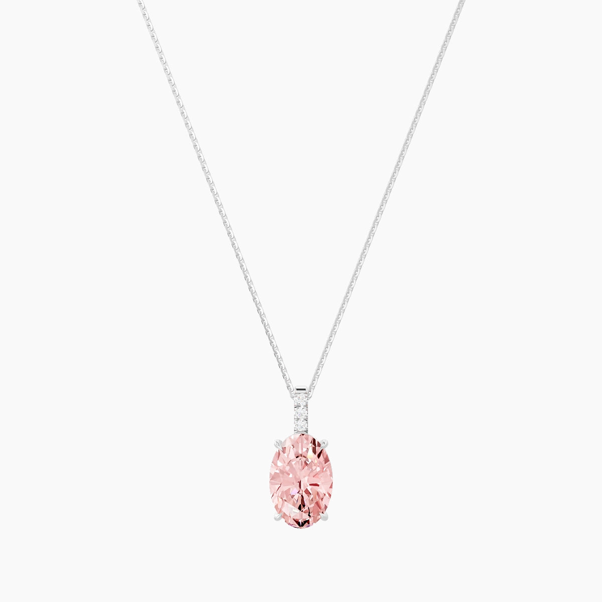 Paved Hanging Solitaire | 18k White Gold 3 ct Pink Lab Diamond Oval Pendant