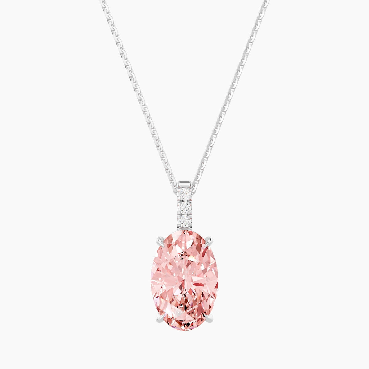 Paved Hanging Solitaire | 18k White Gold 3 ct Pink Lab Diamond Oval Pendant
