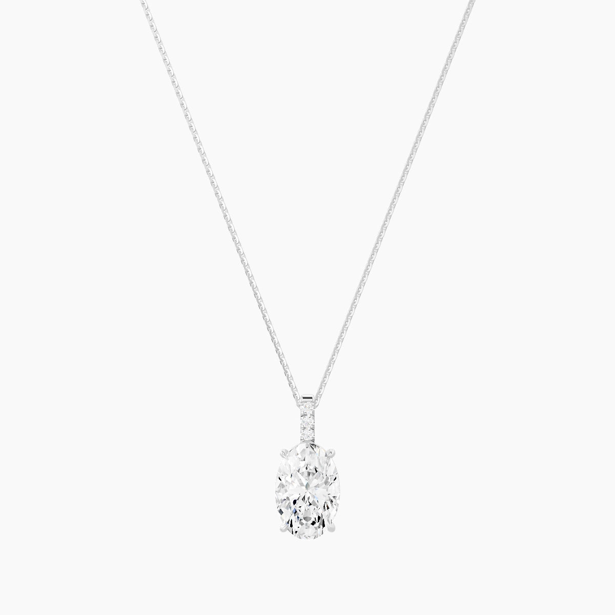 Paved Hanging Solitaire | 18k White Gold 3 ct White Lab Diamond Oval Pendant