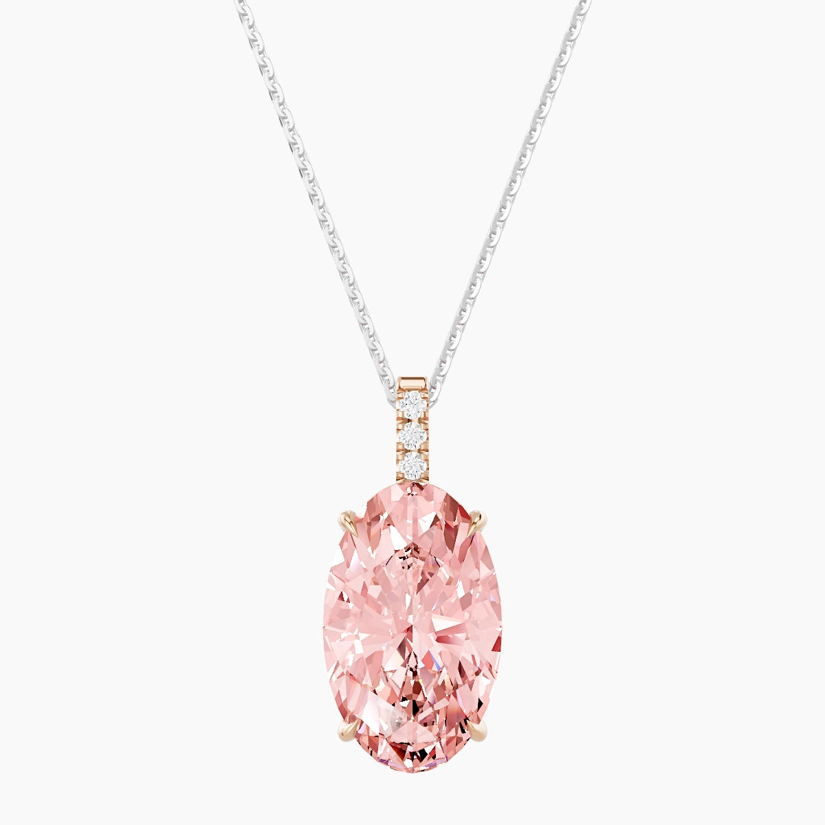 Paved Hanging Solitaire | 18k White & Rose Gold 5 ct Pink Lab Diamond Oval Pendant