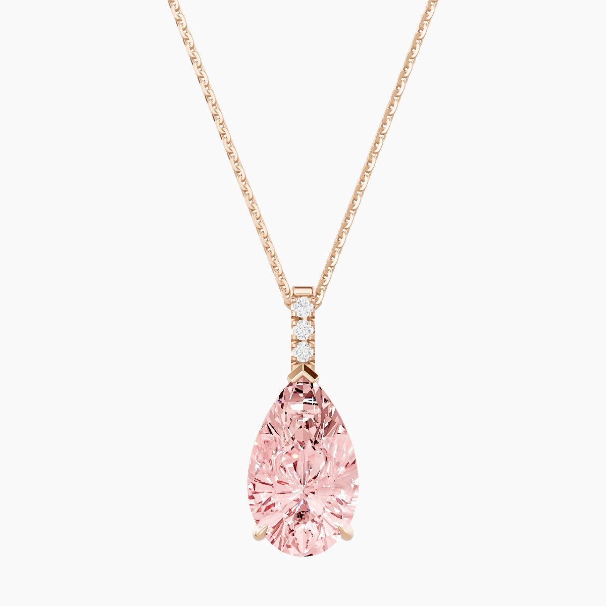 Paved Hanging Solitaire | 18k Rose Gold 3 ct Pink Lab Diamond Pear Pendant