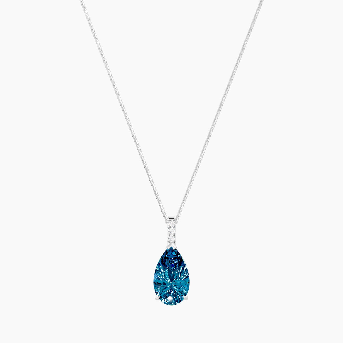 Paved Hanging Solitaire | 18k White Gold 3 ct Blue Lab Diamond Pear Pendant