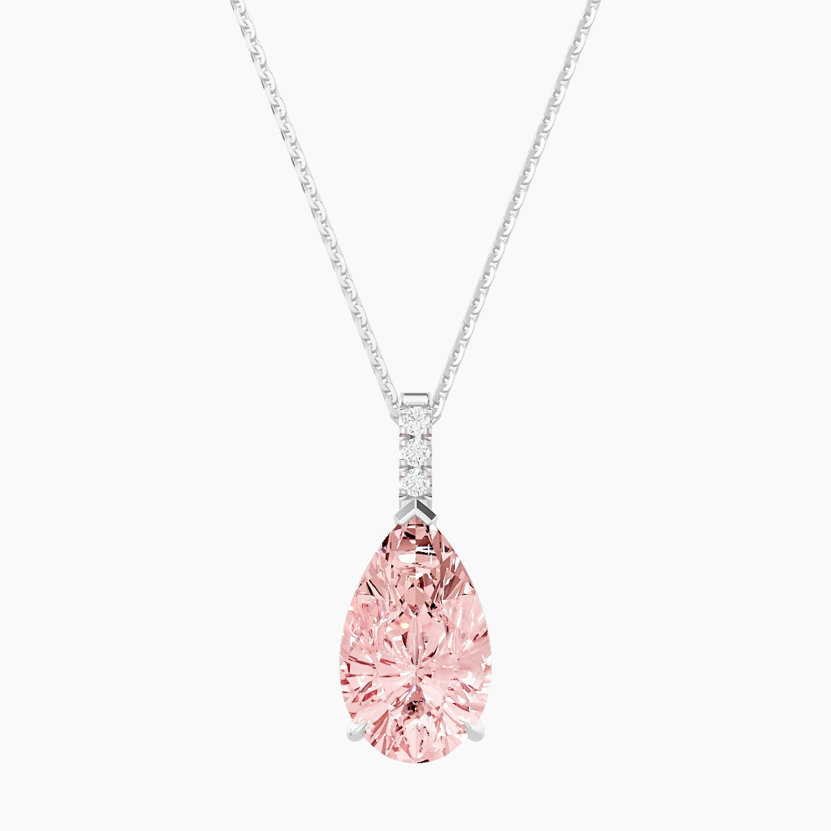 Paved Hanging Solitaire | 18k White Gold 3 ct Pink Lab Diamond Pear Pendant