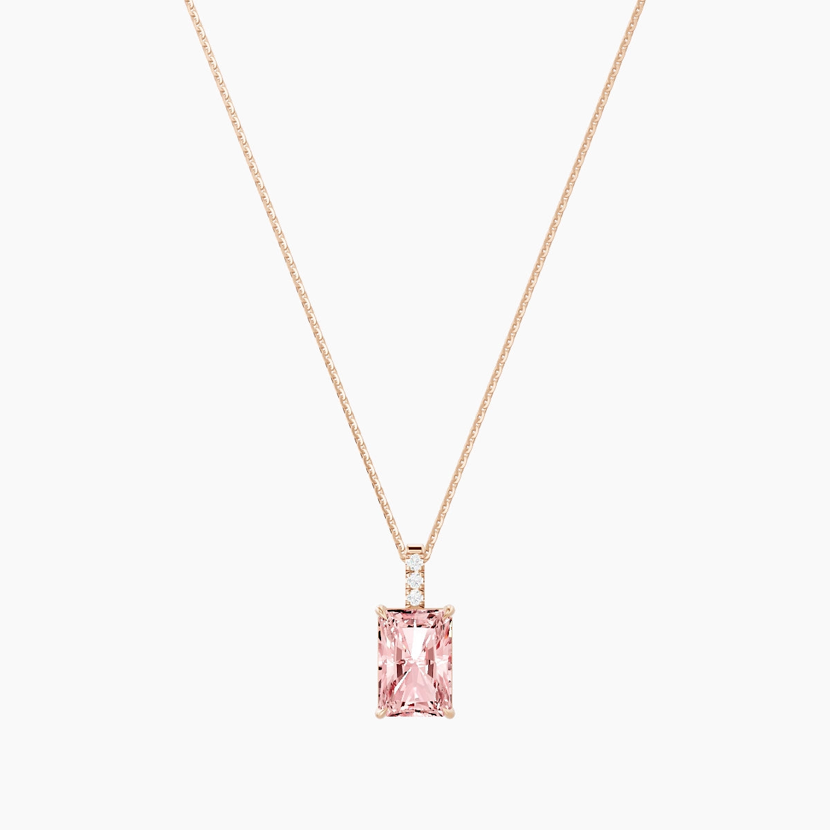 Paved Hanging Solitaire | 18k Rose Gold 3 ct Pink Lab Diamond Radiant Pendant