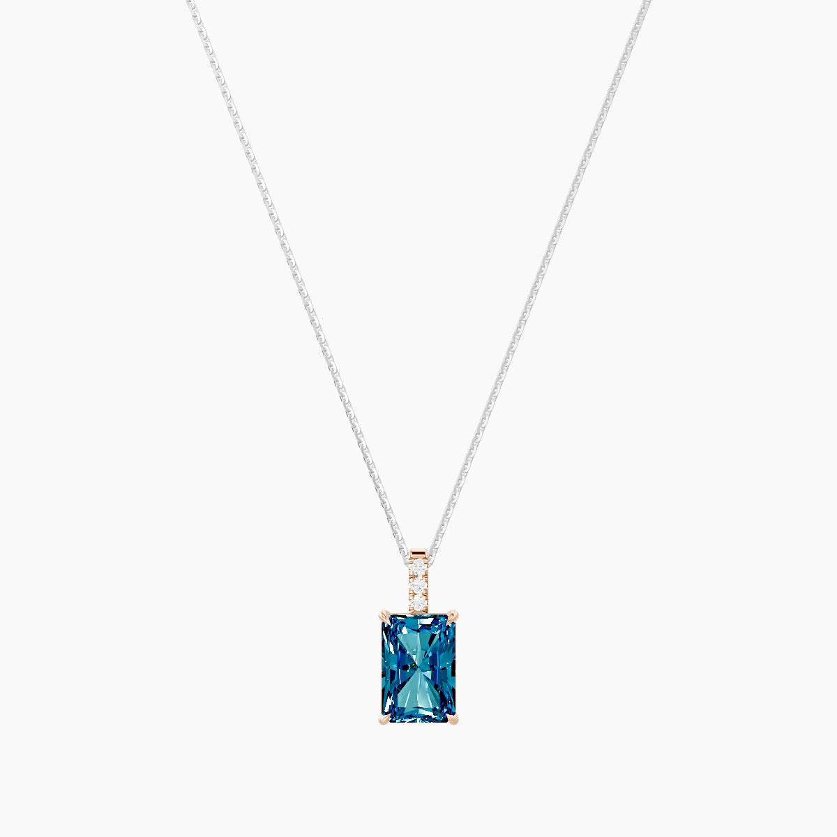 Paved Hanging Solitaire | 18k White & Rose Gold 3 ct Blue Lab Diamond Radiant Pendant