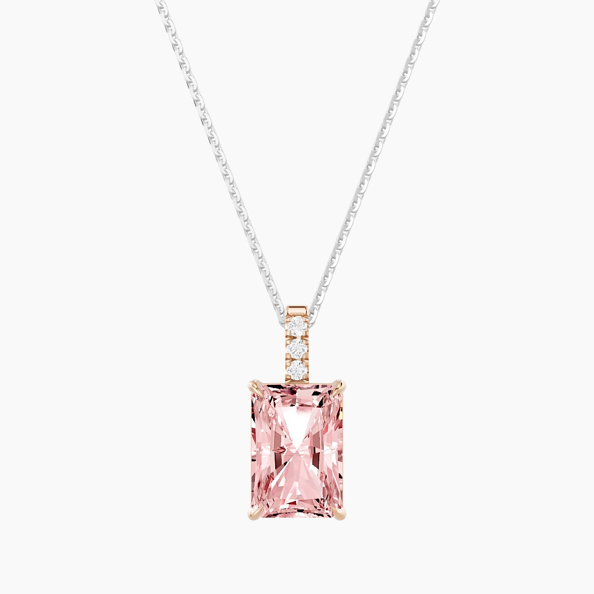 Paved Hanging Solitaire | 18k White & Rose Gold 3 ct Pink Lab Diamond Radiant Pendant