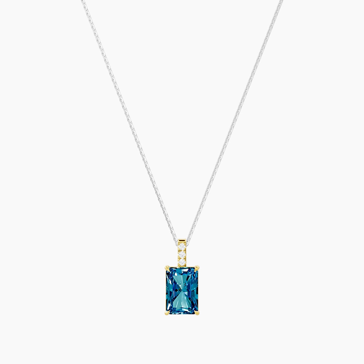 Paved Hanging Solitaire | 18k White & Yellow Gold 3 ct Blue Lab Diamond Radiant Pendant
