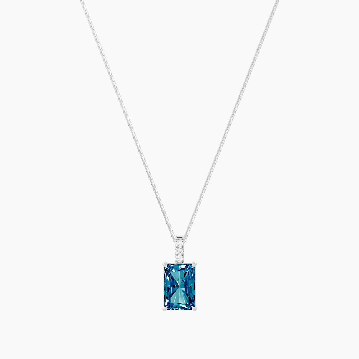 Paved Hanging Solitaire | 18k White Gold 3 ct Blue Lab Diamond Radiant Pendant