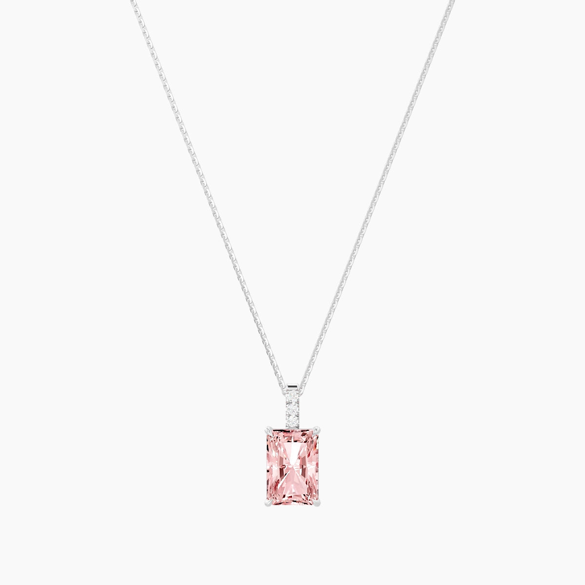Paved Hanging Solitaire | 18k White Gold 3 ct Pink Lab Diamond Radiant Pendant