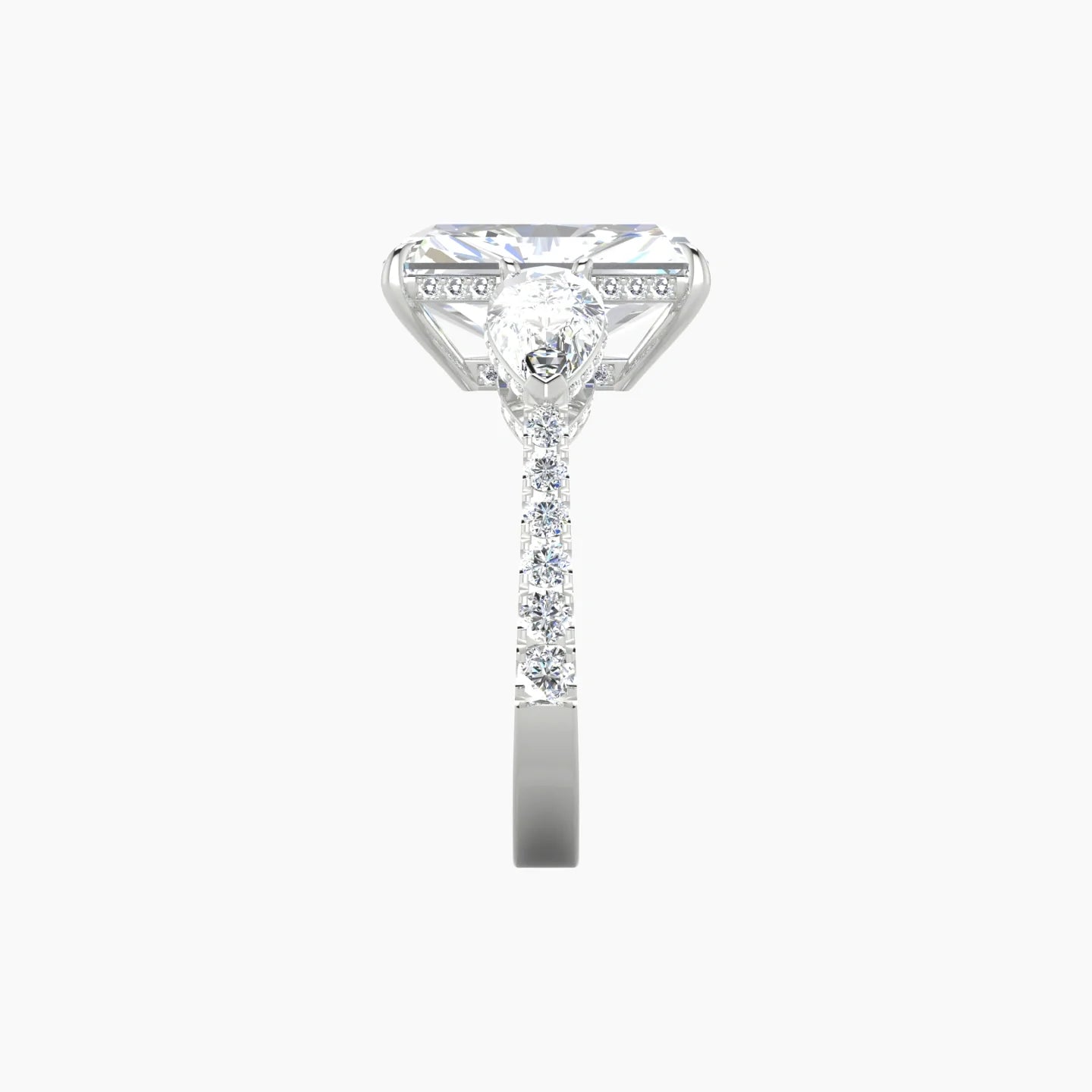 Intricate Pear Trilogy with Reverse Shank | 18k White Gold 5 ct Radiant Blue Lab Diamond Ring