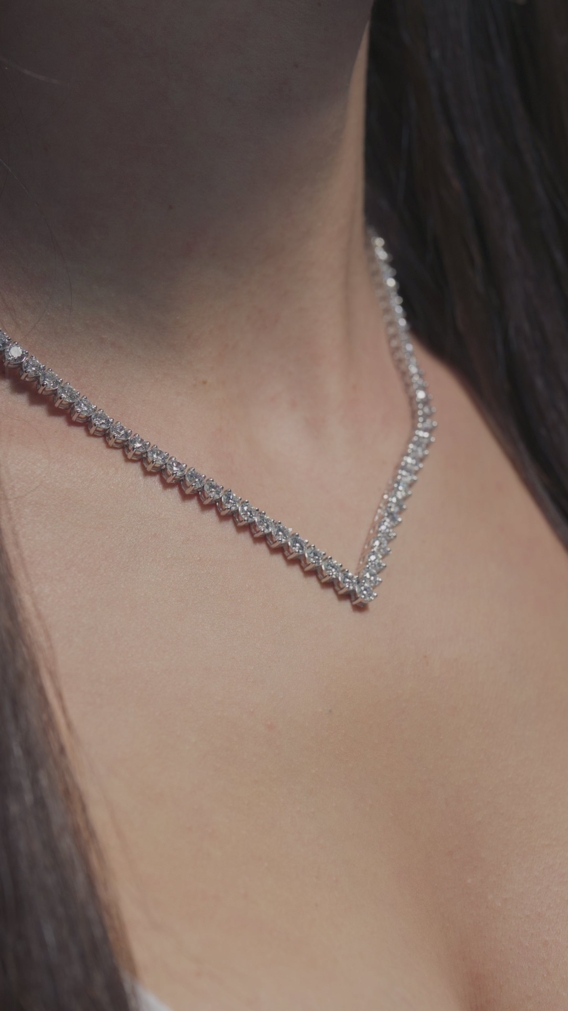 A video of a 9.75ct Round Lab Diamond Tennis Necklace worn by the model of BAL Diamonds