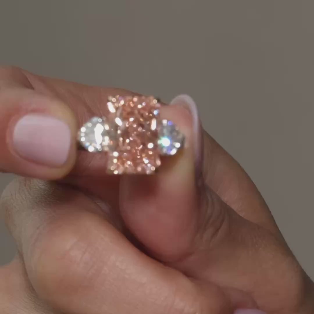 Radiant Fancy Vivid Pink Lab Diamond Heart Trilogy in 18k white gold shown on this video