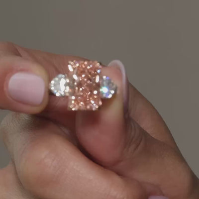 Radiant Fancy Vivid Pink Lab Diamond Heart Trilogy in 18k white gold shown on this video