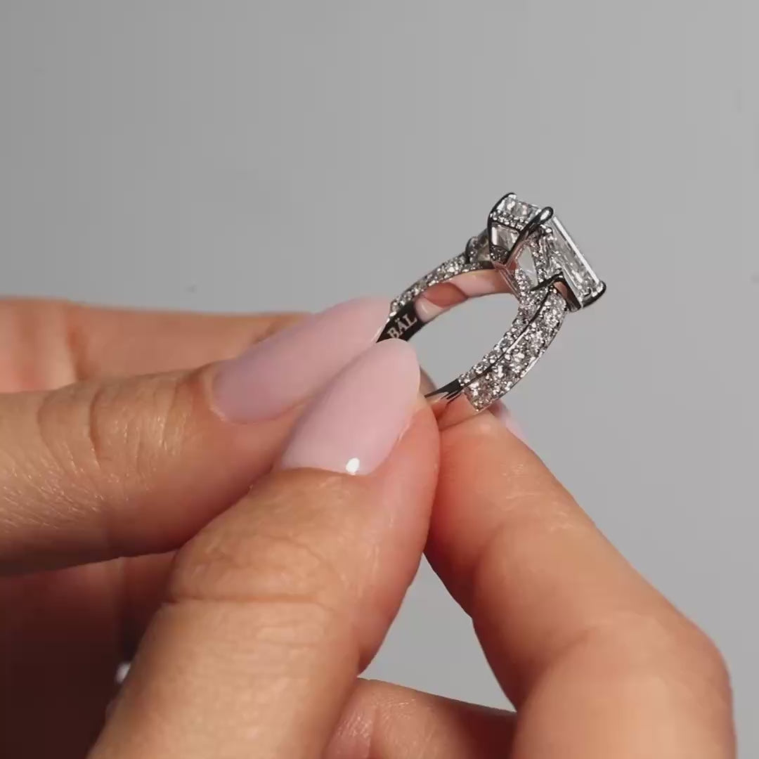 Emerald-cut lab-grown diamond trapeze trilogy ring in 18K white gold, video showing unique design and diamond sparkle