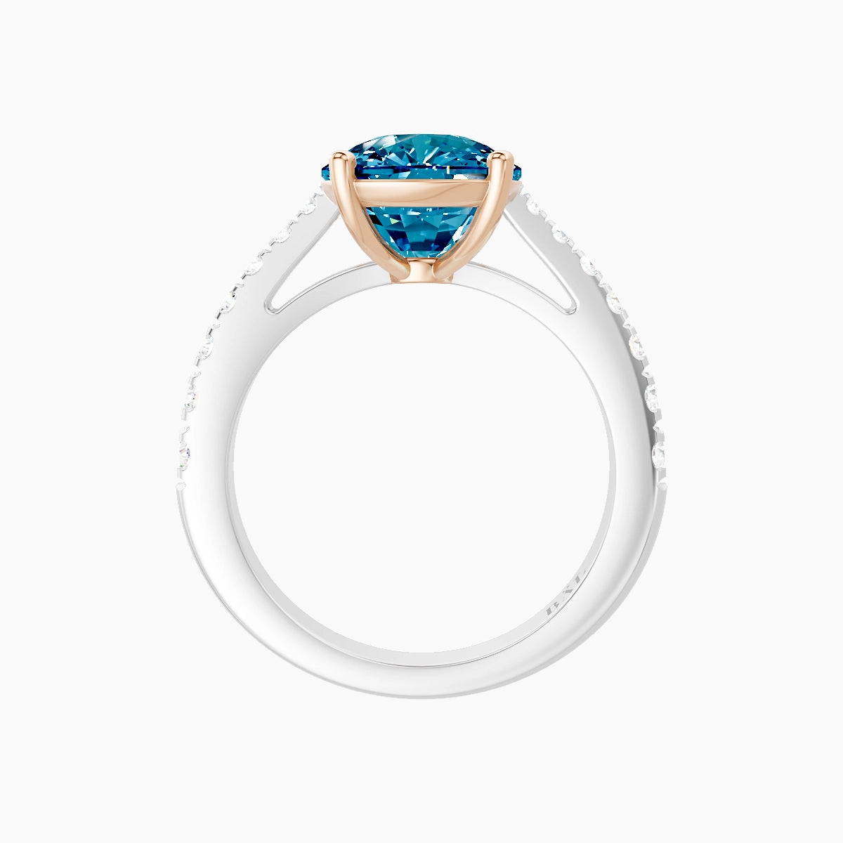 Reverse Shank | 18k White & Rose Gold 5 ct Cushion Blue Lab Diamond Ring