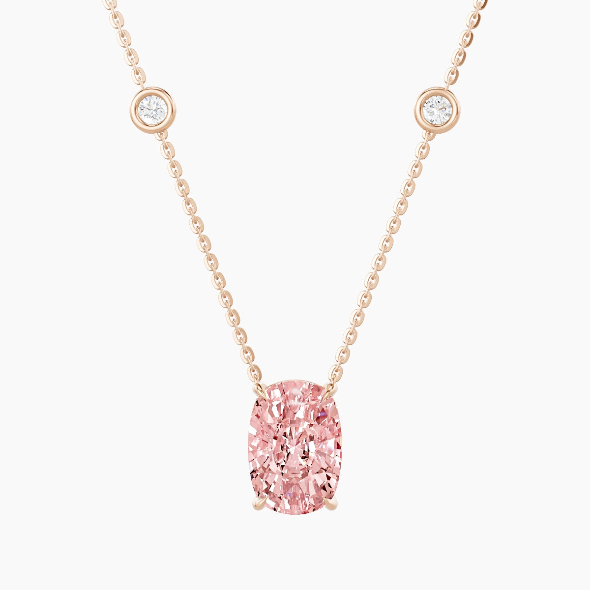 Solitaire with Sautoir | 18k Rose Gold 3 ct Pink Lab Diamond Cushion Pendant