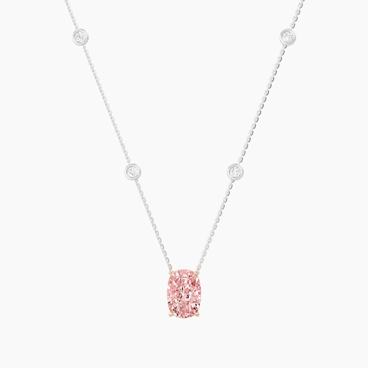 Solitaire with Sautoir | 18k White & Rose Gold 3 ct Pink Lab Diamond Cushion Pendant