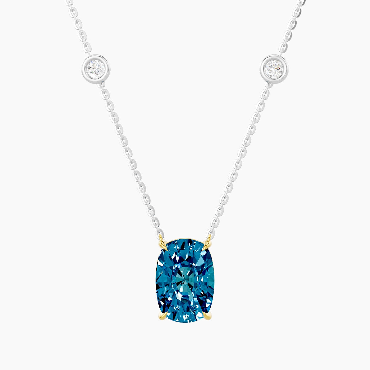 Solitaire with Sautoir | 18k White & Yellow Gold 3 ct Blue Lab Diamond Cushion Pendant