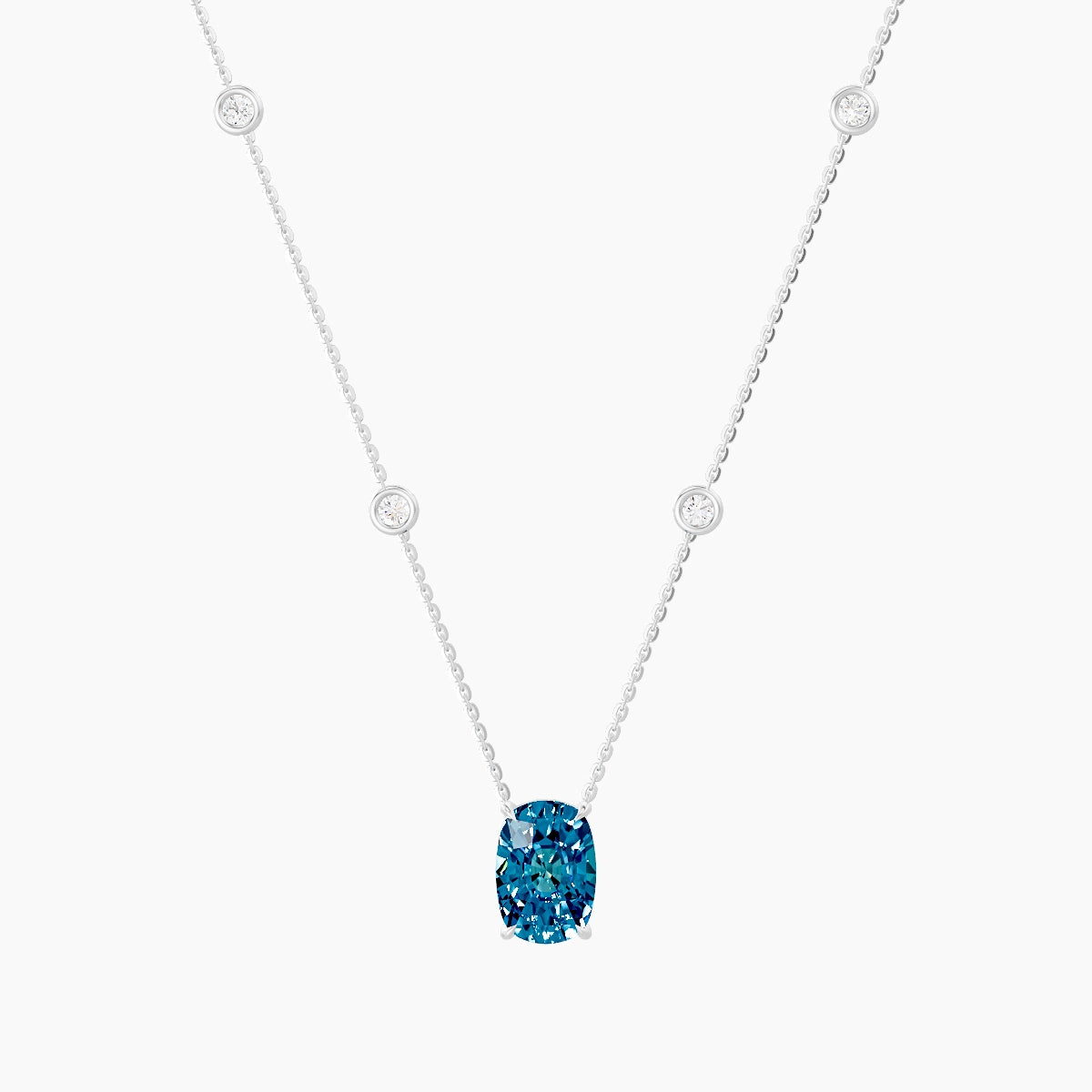 Solitaire with Sautoir | 18k White Gold 3 ct Blue Lab Diamond Cushion Pendant
