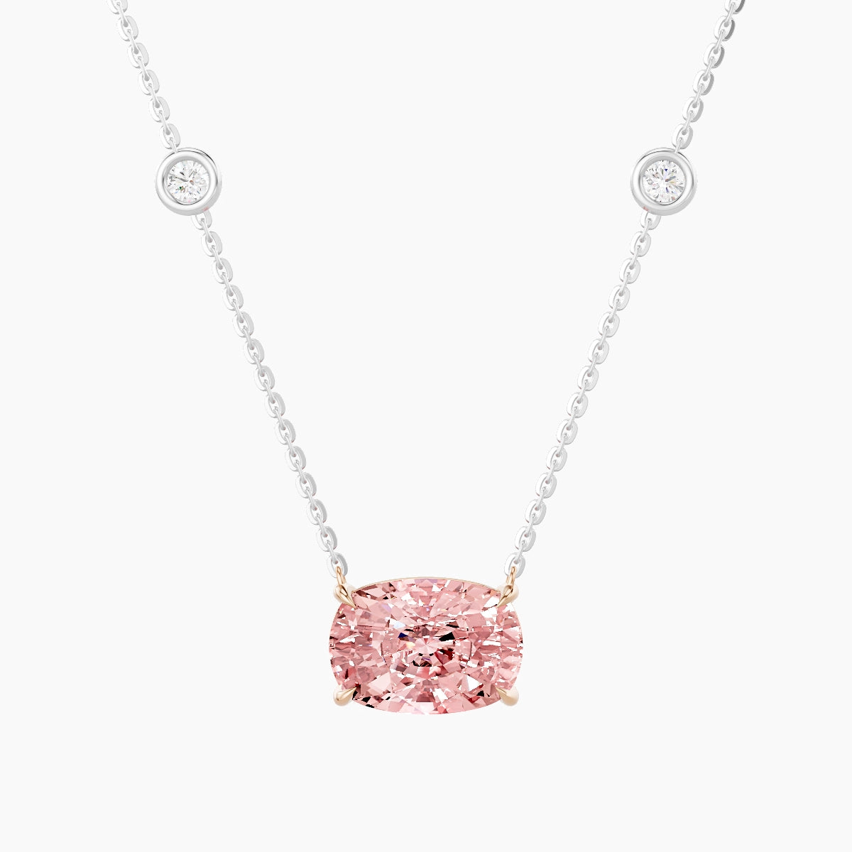 Solitaire with Sautoir | 18k White & Rose Gold 3 ct Pink Lab Diamond Cushion Pendant