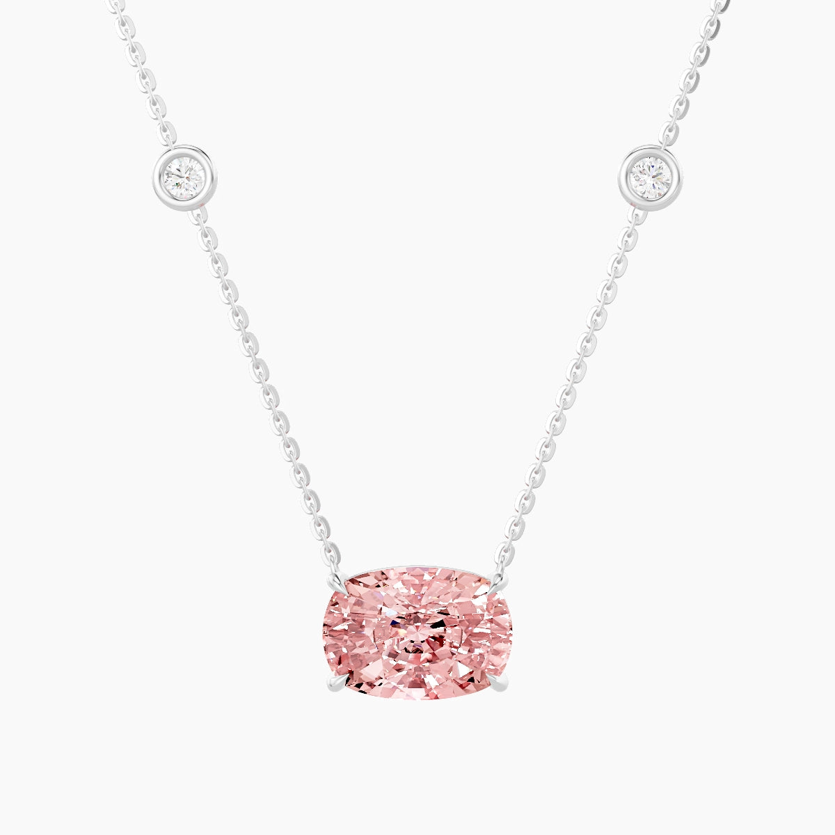 Solitaire with Sautoir | 18k White Gold 3 ct Pink Lab Diamond Cushion Pendant