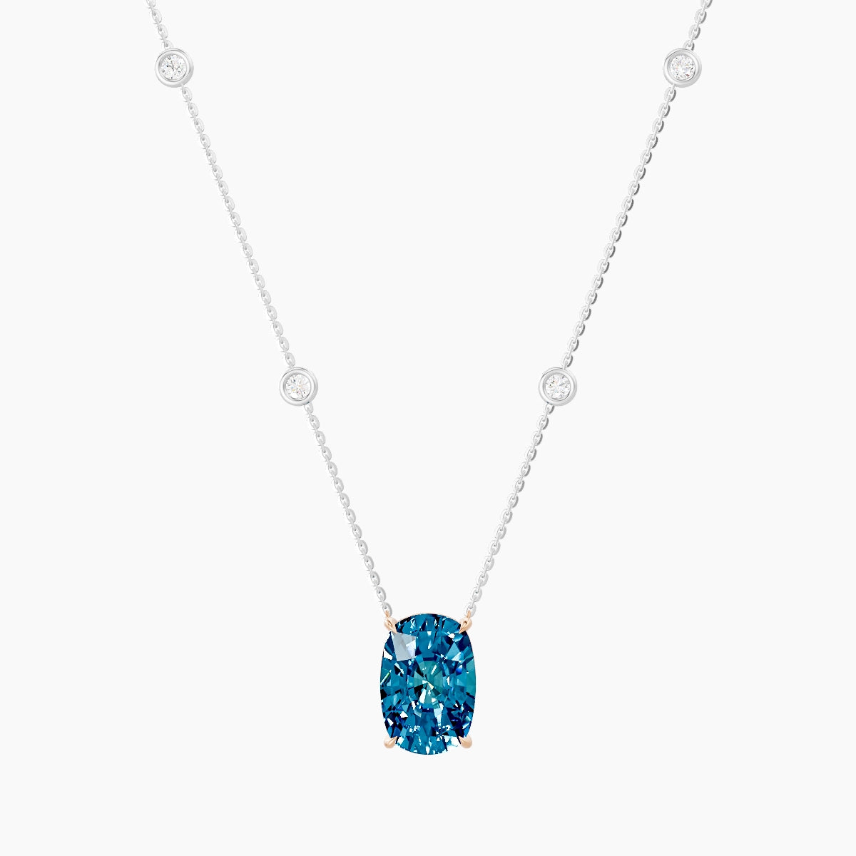 Solitaire with Sautoir | 18k White & Rose Gold 5 ct Blue Lab Diamond Cushion Pendant