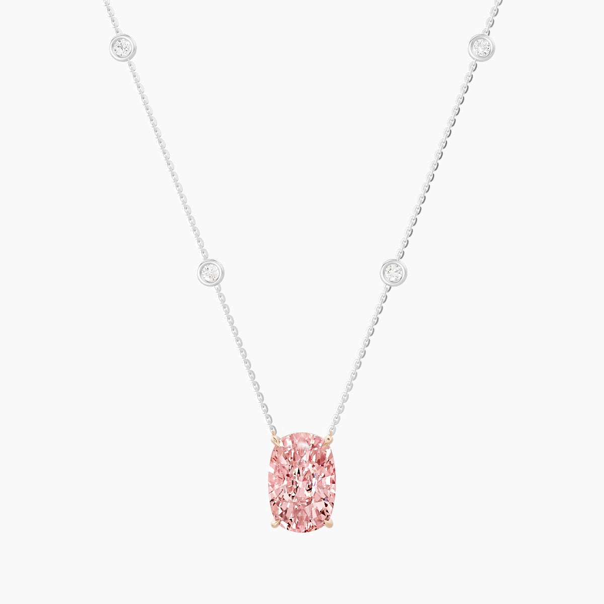 Solitaire with Sautoir | 18k White & Rose Gold 5 ct Pink Lab Diamond Cushion Pendant