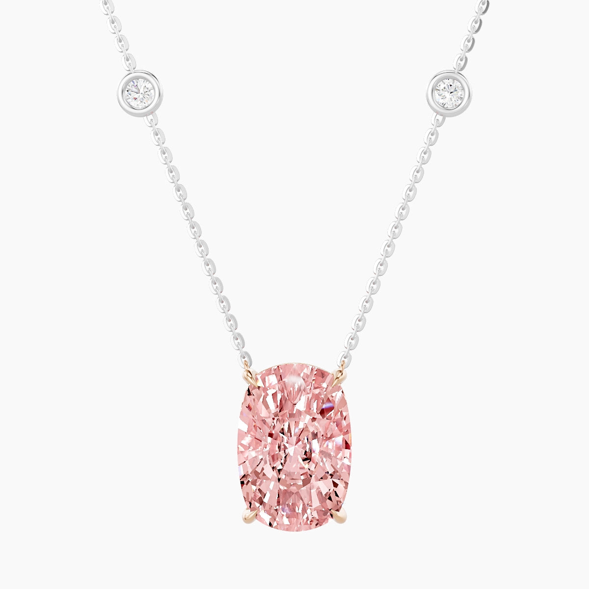 Solitaire with Sautoir | 18k White & Rose Gold 5 ct Pink Lab Diamond Cushion Pendant
