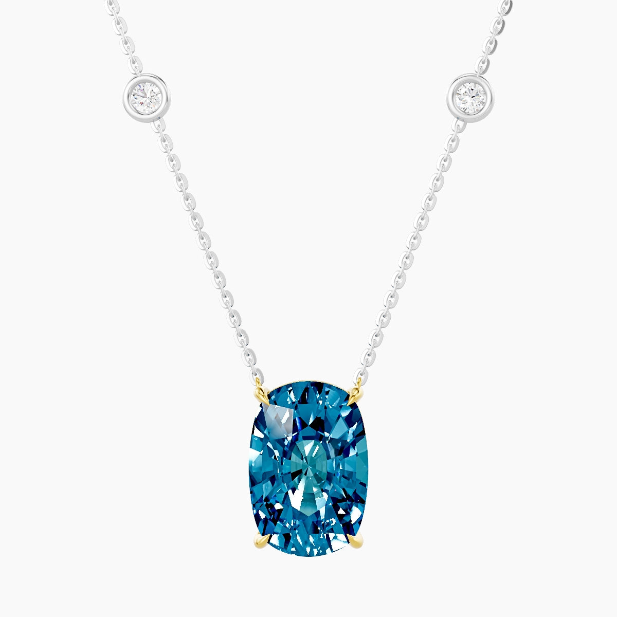Solitaire with Sautoir | 18k White & Yellow Gold 5 ct Blue Lab Diamond Cushion Pendant