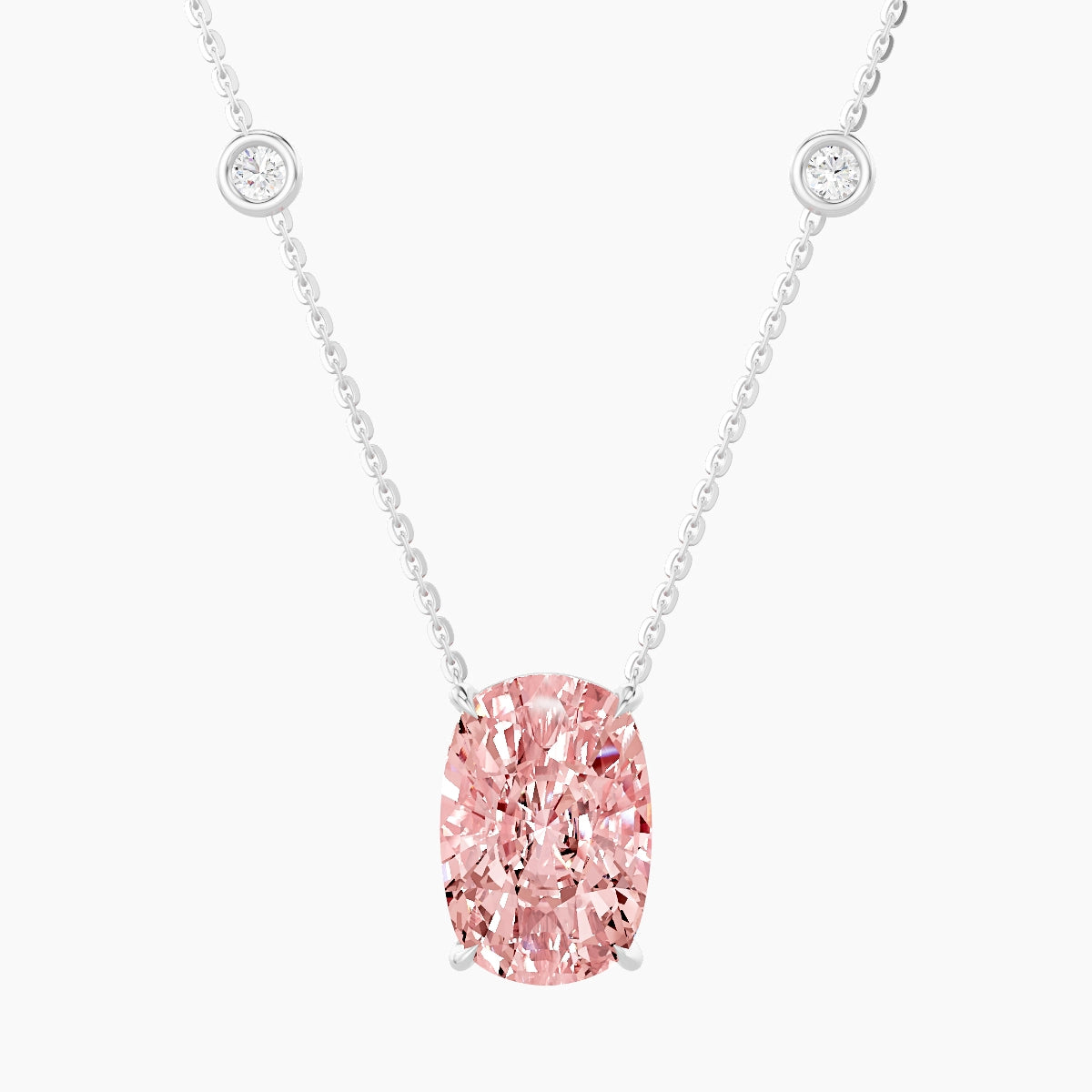 Solitaire with Sautoir | 18k White Gold 5 ct Pink Lab Diamond Cushion Pendant