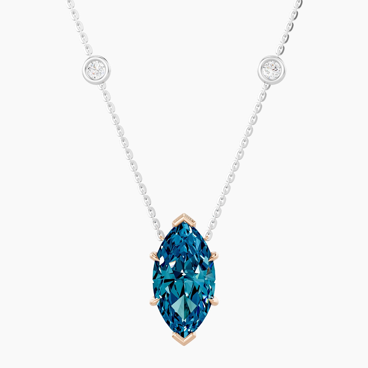 Solitaire with Sautoir | 18k White & Rose Gold 3 ct Blue Lab Diamond Marquise Pendant