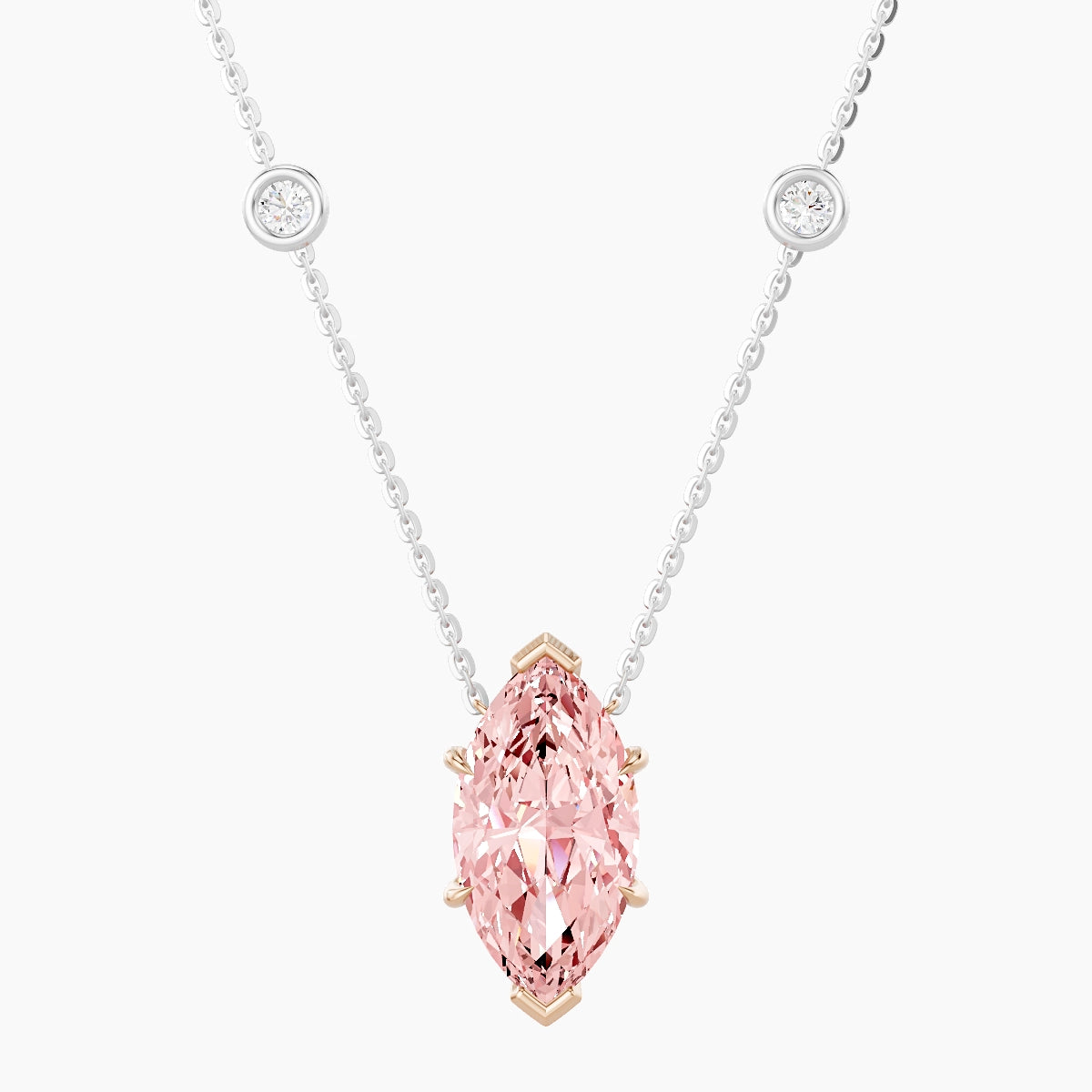 Solitaire with Sautoir | 18k White & Rose Gold 3 ct Pink Lab Diamond Marquise Pendant