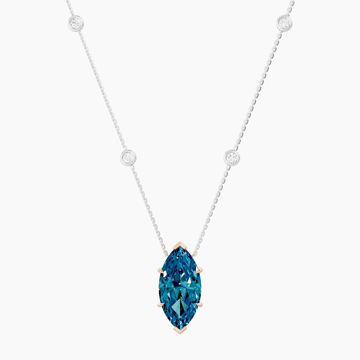Solitaire with Sautoir | 18k White & Rose Gold 5 ct Blue Lab Diamond Marquise Pendant