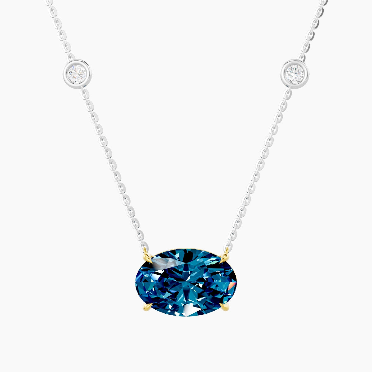 Solitaire with Sautoir | 18k White & Yellow Gold 3 ct Blue Lab Diamond Oval Pendant