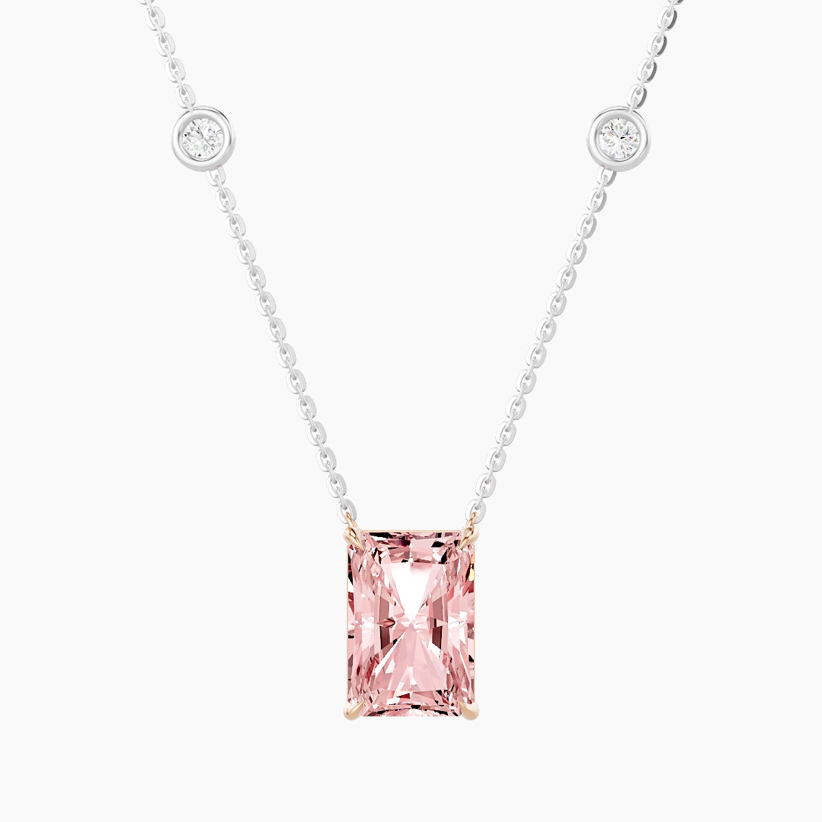 Solitaire with Sautoir | 18k White & Rose Gold 3 ct Pink Lab Diamond Radiant Pendant