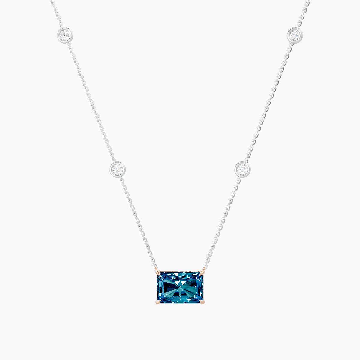 Solitaire with Sautoir | 18k White & Rose Gold 3 ct Blue Lab Diamond Radiant Pendant