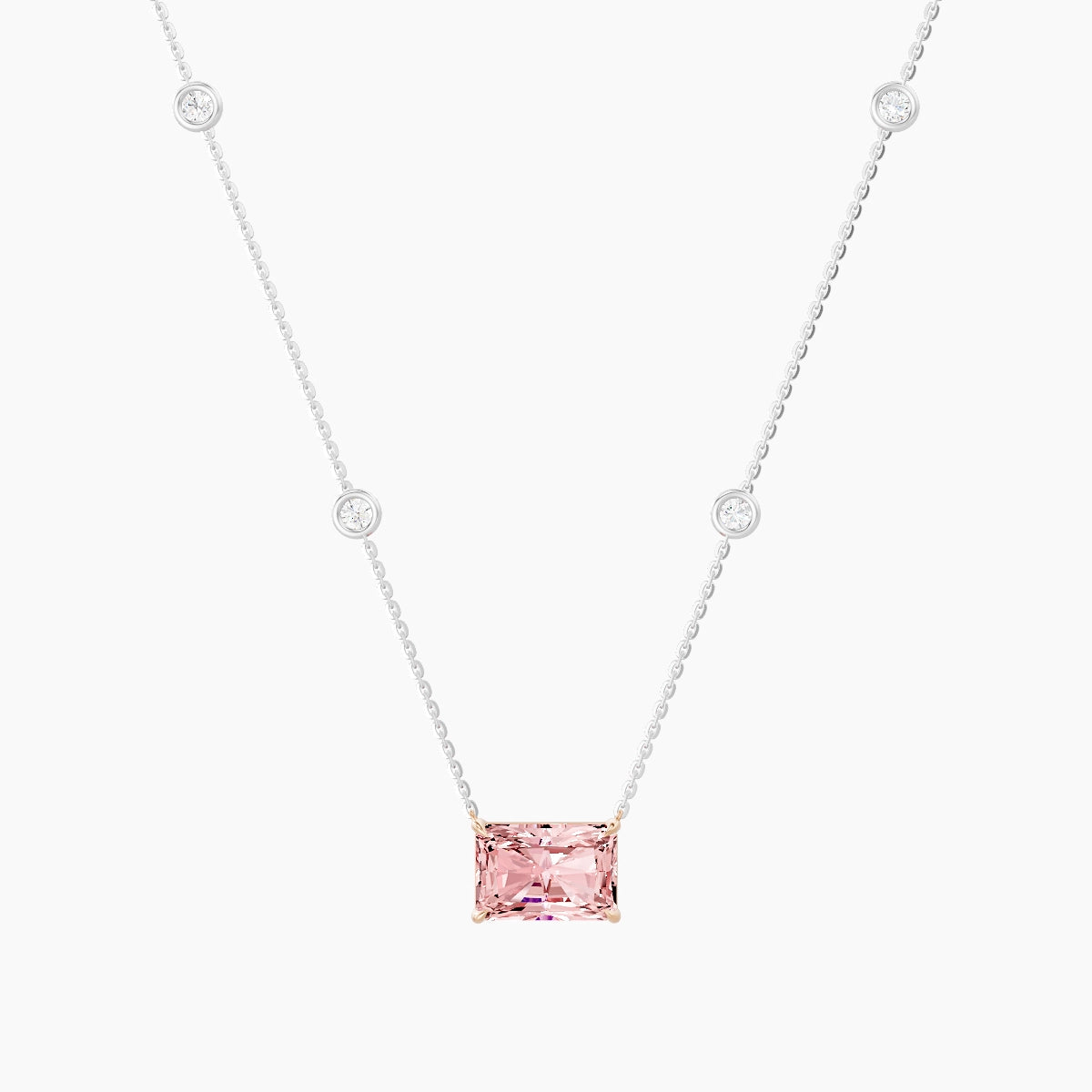 Solitaire with Sautoir | 18k White & Rose Gold 3 ct Pink Lab Diamond Radiant Pendant