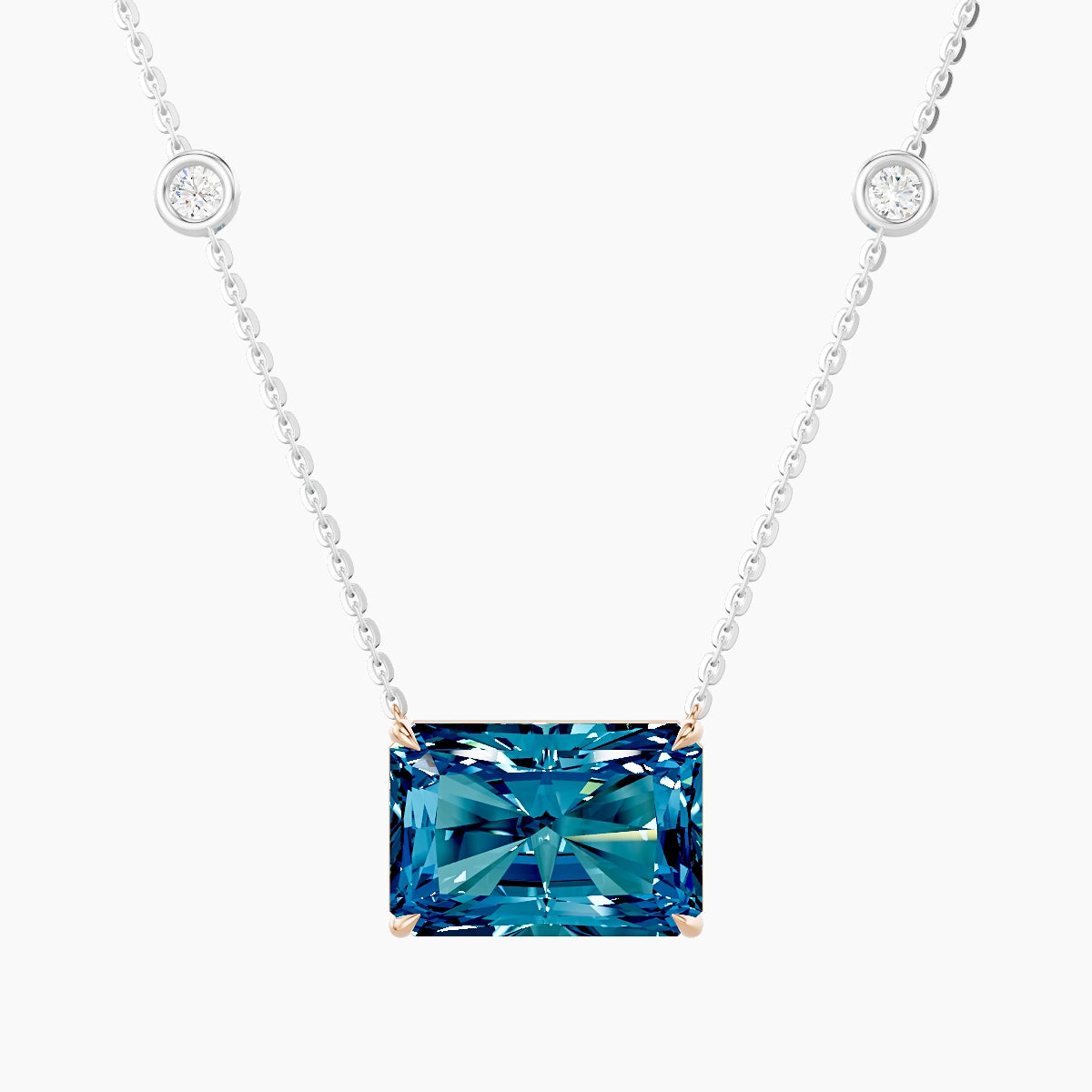 Solitaire with Sautoir | 18k White & Rose Gold 5 ct Blue Lab Diamond Radiant Pendant