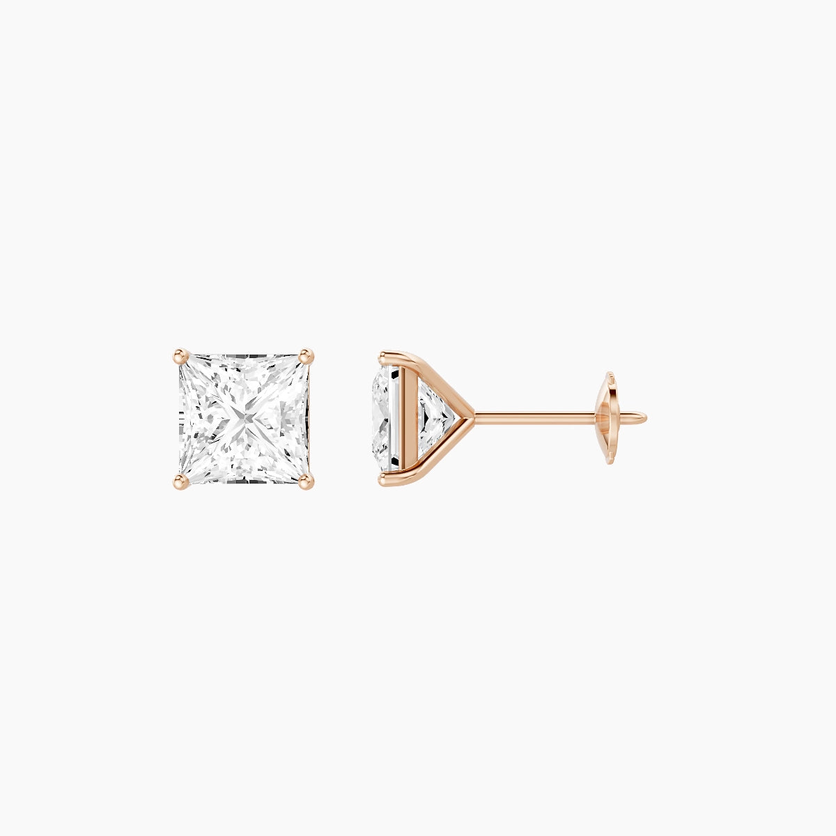 18k Rose Gold 2ct Princess White Lab Diamond Stud Earrings