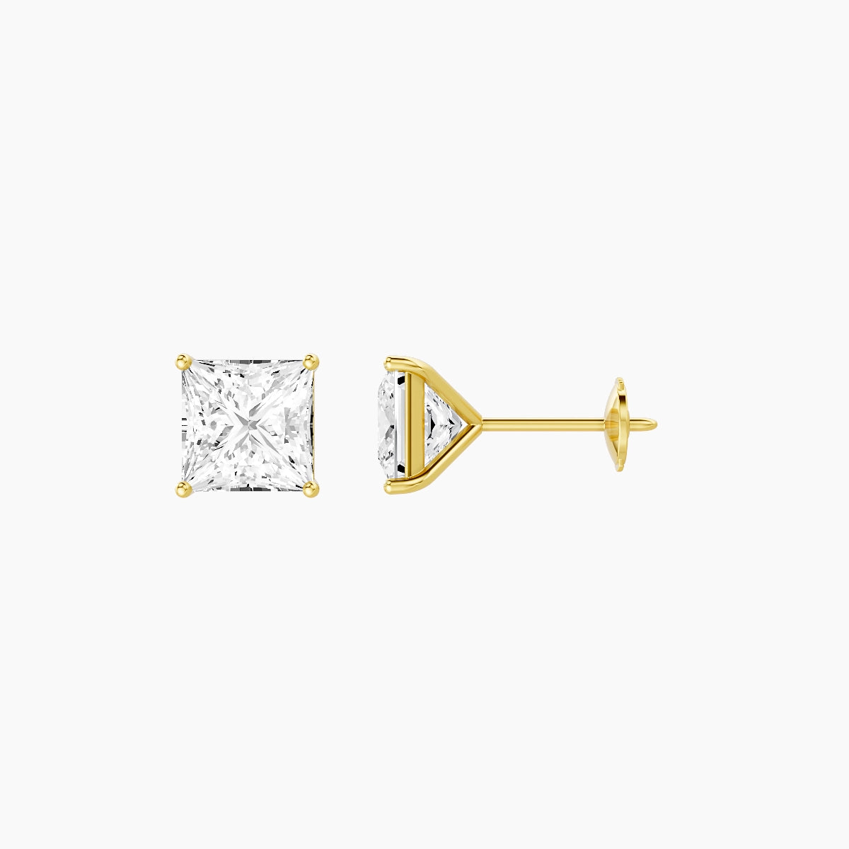18k Yellow Gold 2ct Princess White Lab Diamond Stud Earrings